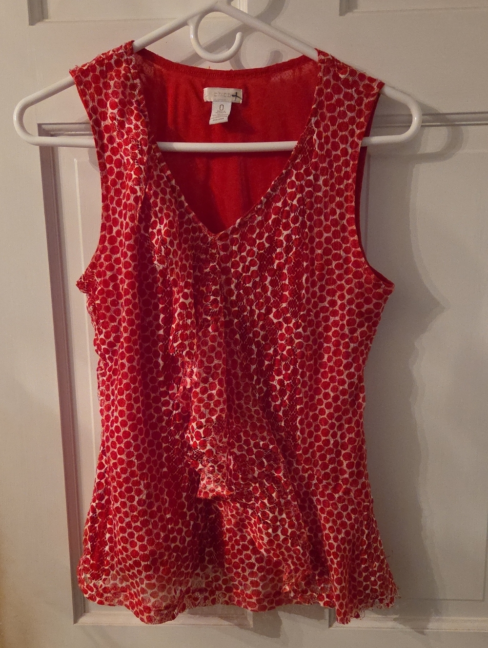 Chico's Sleeveless Red Polka Dot Ruffle Front Top